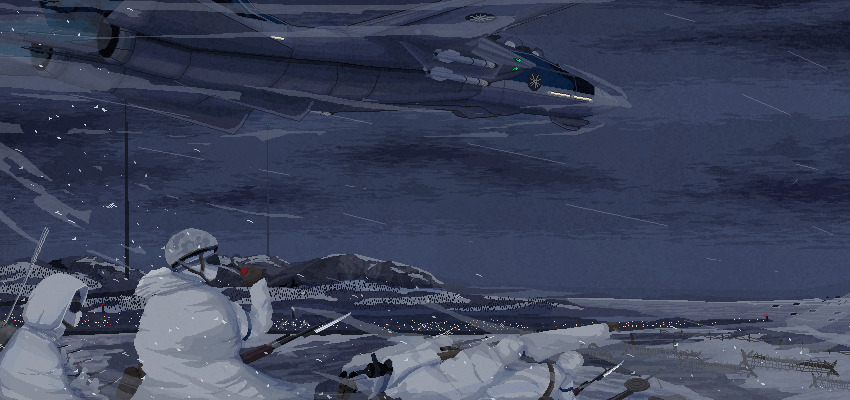 5others absurdres aircraft airplane barbed_wire bayonet city_lights combat_helmet commentary dp-27 english_commentary f-14_tomcat fighter_jet gun helmet highres holding holding_gun holding_weapon landscape low-altitude_flight lying mikecraftz military military_uniform military_vehicle missile mountain mountainous_horizon multiple_others on_stomach outdoors pixel_art project_wingman rifle scenery sks sky snow tower weapon winter winter_uniform