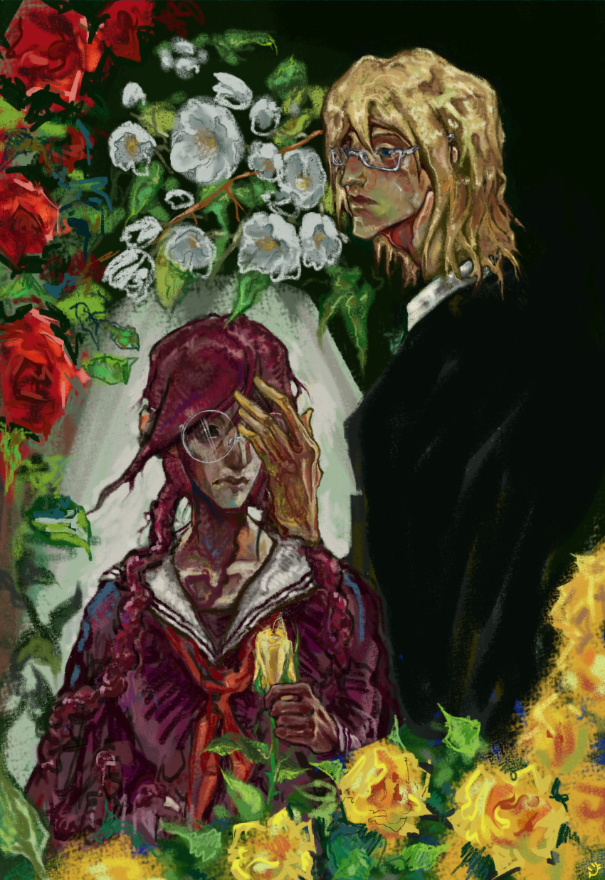 1boy 1girl absurdres blonde_hair braid collarbone danganronpa:_trigger_happy_havoc danganronpa_(series) flower formal_clothes fukawa_toko glasses highres lips long_hair medium_hair painterly r4pira school_uniform serafuku suit togami_byakuya twin_braids
