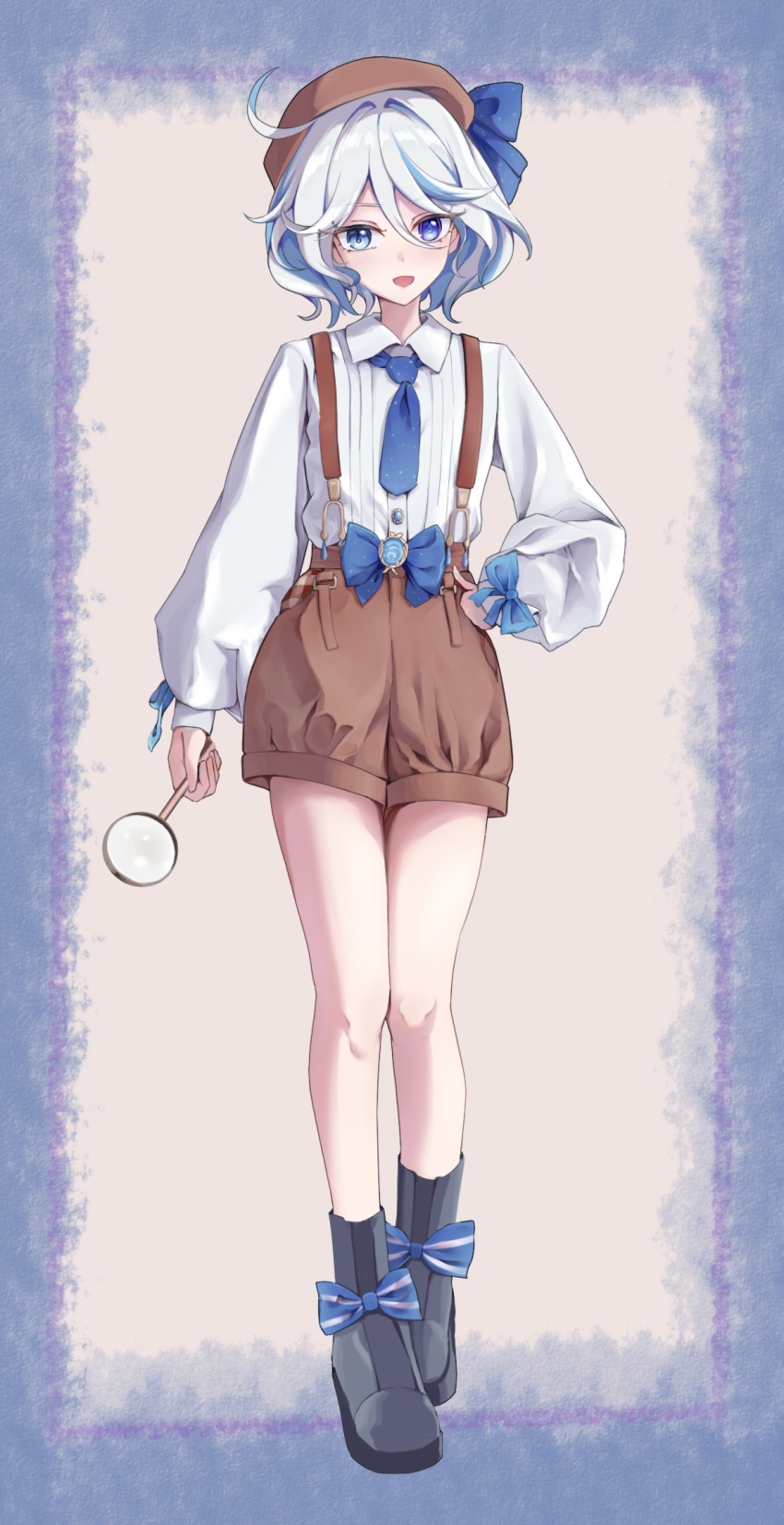 1girl :d alternate_costume arm_at_side beret black_boots blue_bow blue_eyes blue_hair blue_necktie boots bow brown_hat brown_shorts chinese_commentary collared_shirt commentary_request cowlick detective footwear_bow full_body furina_(genshin_impact) genshin_impact grey_hair hair_between_eyes hair_intakes hand_on_own_hip hat hat_bow highres holding holding_magnifying_glass long_sleeves looking_at_viewer magnifying_glass medium_hair mismatched_pupils multicolored_hair necktie open_mouth puffy_long_sleeves puffy_sleeves shirt shorts shubun_(user_gxsx8757) simple_background sleeve_bow smile solo standing streaked_hair striped_bow suspender_shorts suspenders tomboy two-tone_hair white_background white_shirt