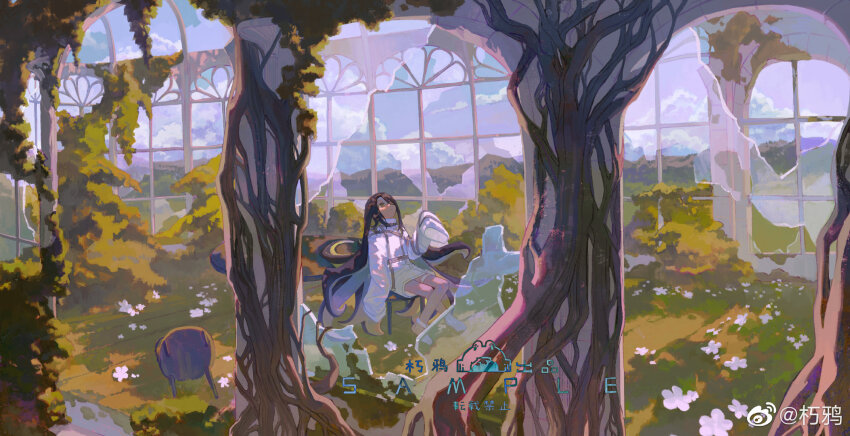 1girl absurdly_long_hair bare_legs belt black_hair blue_sky brown_socks chest_belt chinese_commentary closed_mouth cloud commentary_request commission crossed_legs day dress expressionless flower full_body glasses grey_belt grey_eyes hair_over_one_eye hand_up highres long_hair long_sleeves looking_up messy_hair mountainous_horizon multiple_belts on_chair original overgrown rottencrow ruins sample_watermark shade short_dress sidelocks sitting sky sleeves_past_fingers sleeves_past_wrists socks solo straight_hair tentacle_hair turtleneck turtleneck_dress two-tone_socks upturned_eyes very_long_hair watermark weibo_watermark white_dress white_flower white_socks wide_shot window
