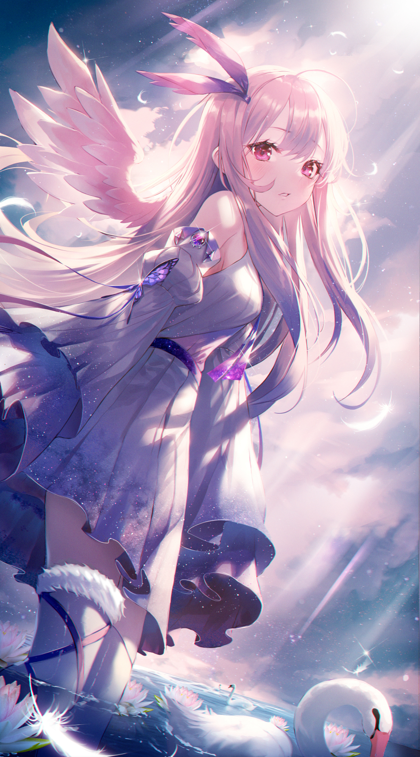 1girl absurdres angel angel_wings animal bird cloud detached_sleeves dress feather_hair_ornament feathers hair_ornament highres long_hair looking_at_viewer okazu_(eightstudio) original pink_eyes sky sleeves_past_fingers sleeves_past_wrists solo standing swan thighhighs water white_dress white_hair white_thighhighs white_wings wings