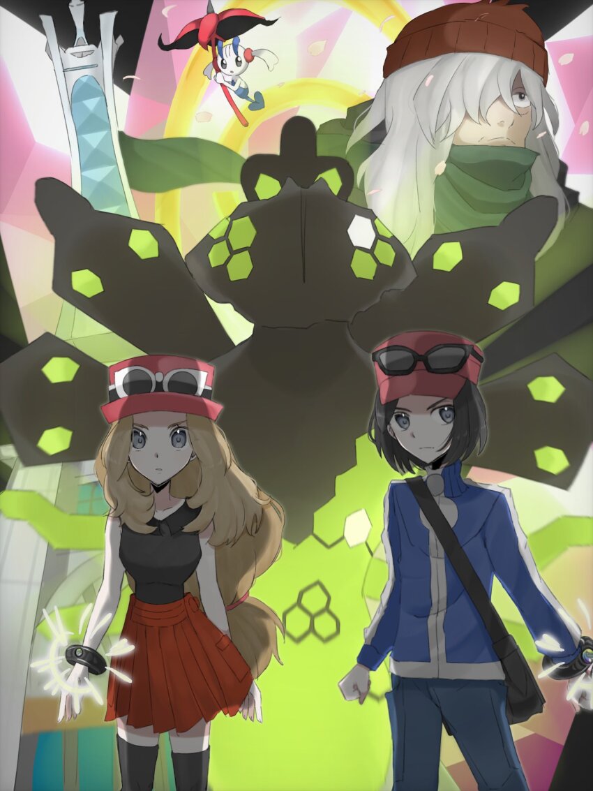 az_(pokemon) black_thighhighs blonde_hair calem_(pokemon) eyewear_on_headwear gen_6_pokemon grey_eyes highres legendary_pokemon long_hair mega_ring nintendo pink_bag pokemon pokemon_xy red_skirt serena_(pokemon) shirt skirt sleeveless sleeveless_shirt sunglasses thighhighs white-framed_eyewear zygarde