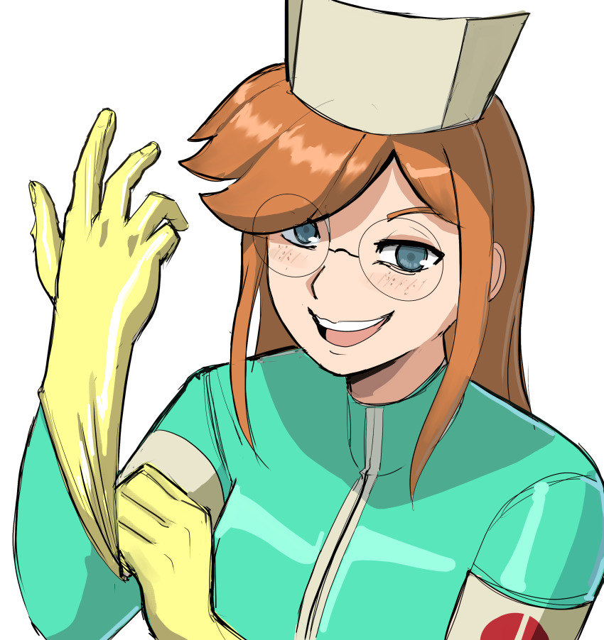 adjusting_clothes adjusting_gloves bodysuit freckles glasses gloves hat latex latex_bodysuit latex_gloves nurse nurse_cap red_hair siri_jay tallinax