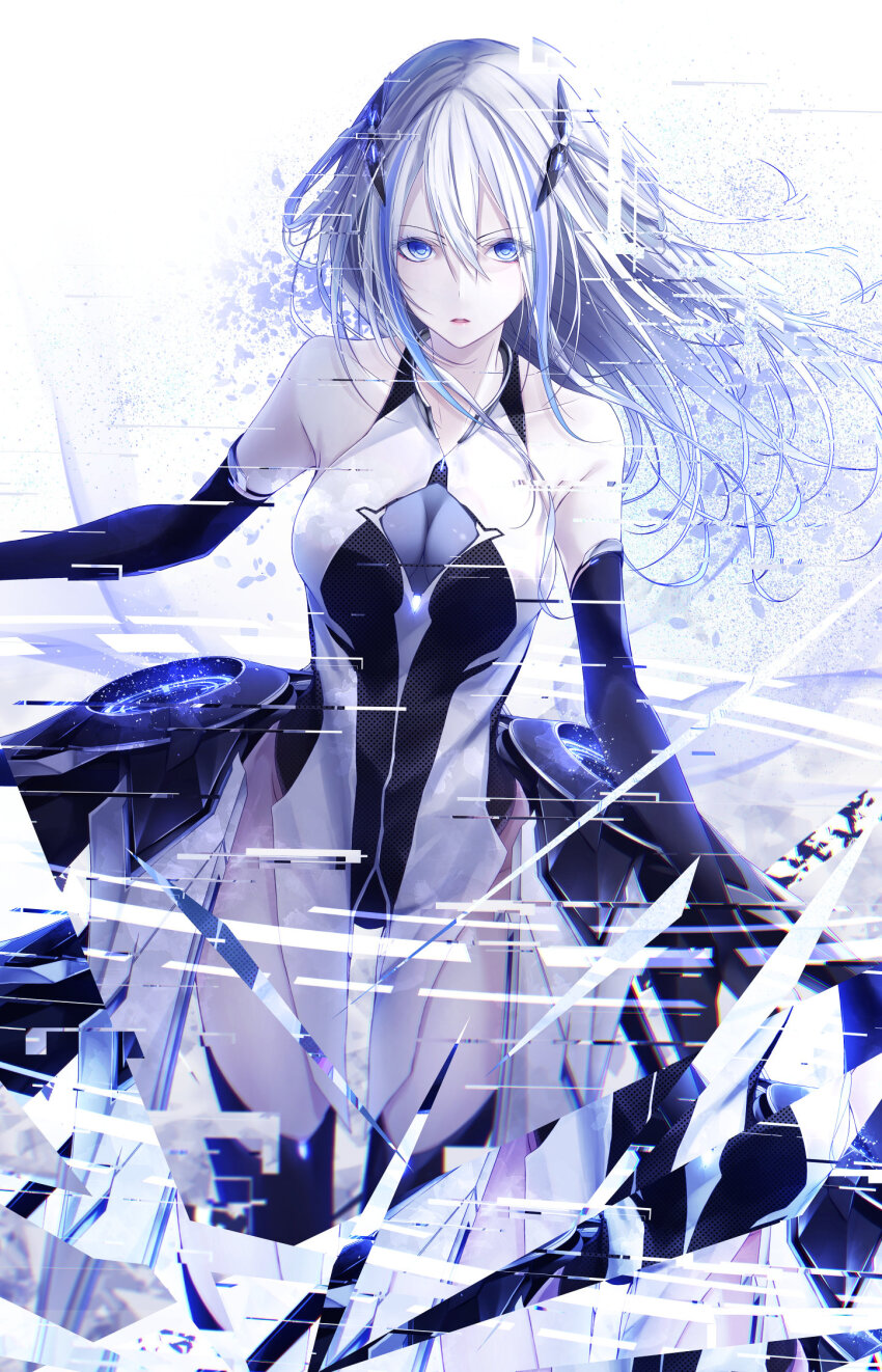 1girl android bare_shoulders blue_eyes breasts cleavage cleavage_cutout clothing_cutout code:qualia collarbone cropped_legs detached_sleeves device dress floating floating_hair floating_object glitch hair_ornament hands_up highres long_hair lucia_(code:qualia) mecha_musume multicolored_hair parted_lips purple_hair sleeveless sleeveless_dress standing streaked_hair thighhighs yoaferia zettai_ryouiki