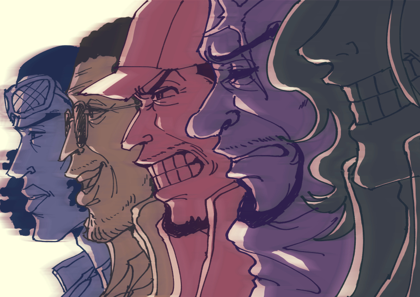 5boys absurdres aokiji_(one_piece) baseball_cap beard black_hair clenched_teeth commentary_request curly_hair facial_hair from_side fujitora_(one_piece) goatee hat highres kizaru_(one_piece) male_focus mask multiple_boys mustache_stubble odobu_chan one_piece open_mouth ryokugyu_(one_piece) sakazuki_(one_piece) scar scar_across_eye scar_on_face short_hair sleep_mask smile stubble sunglasses teeth