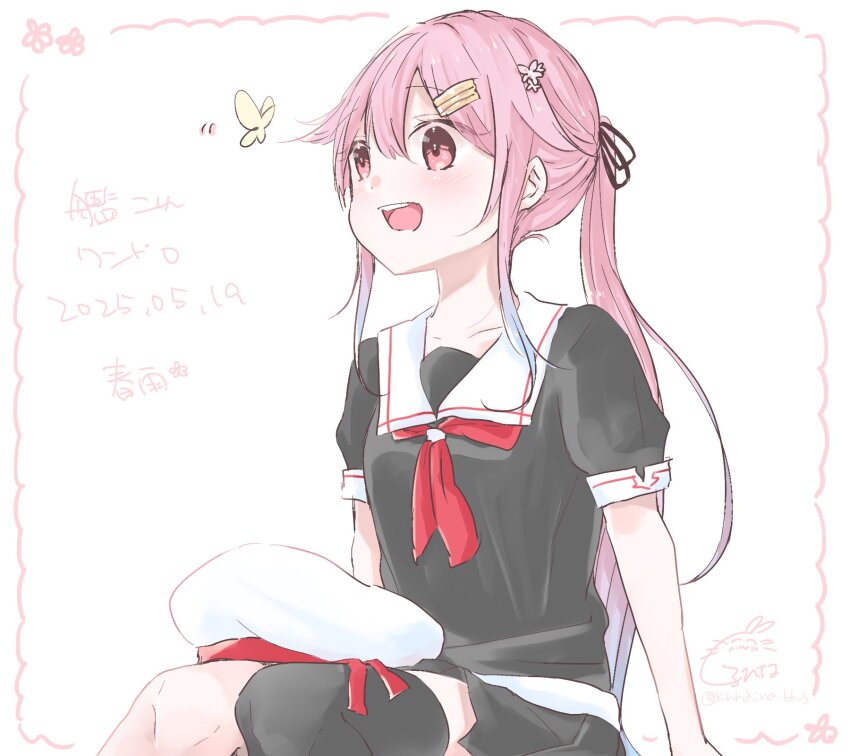 1girl black_serafuku black_skirt black_thighhighs bug butterfly gradient_hair hair_flaps harusame_(kancolle) harusame_kai_ni_(kancolle) hat highres insect kantai_collection kurohina_(kurohina_66_s) long_hair multicolored_hair neckerchief one-hour_drawing_challenge pink_hair red_eyes red_neckerchief sailor_collar sailor_shirt school_uniform serafuku shirt side_ponytail single_thighhigh skirt smile solo thighhighs unworn_hat unworn_headwear white_hat white_sailor_collar