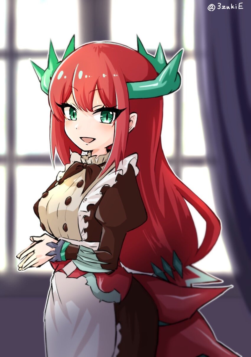 1girl 3zukie aqua_eyes blurry blurry_background brown_dress cowboy_shot dragon_girl dragon_horns dragon_tail dress duel_monster highres horns indoors kitchen_dragonmaid long_hair red_hair red_tail solo tail window yu-gi-oh!