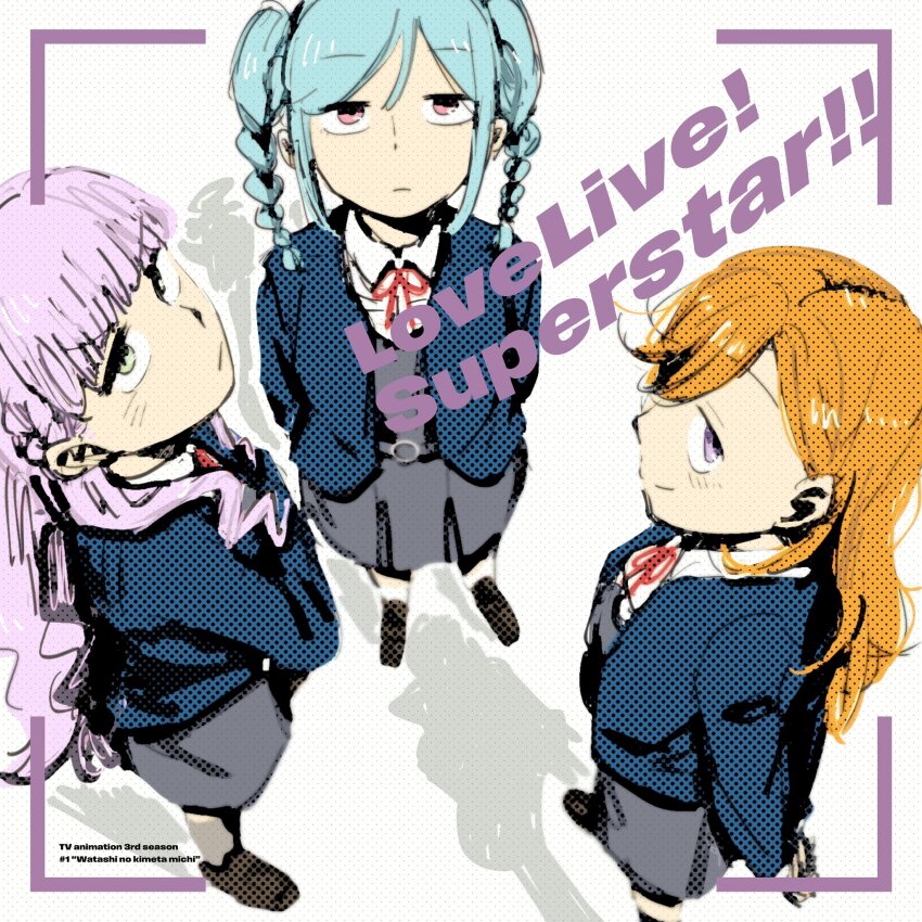 3girls 524ryo blue_hair blue_jacket braided_twintails closed_mouth collared_shirt commentary_request copyright_name dress dress_shirt episode_number episode_title green_eyes grey_dress highres jacket jitome light_blue_hair light_frown long_hair long_sleeves looking_at_viewer love_live! love_live!_superstar!! medium_hair multiple_girls neck_ribbon onitsuka_tomari open_clothes open_jacket orange_hair pink_eyes profile purple_eyes purple_hair red_ribbon ribbon romaji_text school_uniform shadow shibuya_kanon shirt short_dress sidelocks sideways_glance sideways_mouth simple_background smile standing swept_bangs v-shaped_eyebrows white_background white_shirt wien_margarete winter_uniform yuigaoka_school_uniform