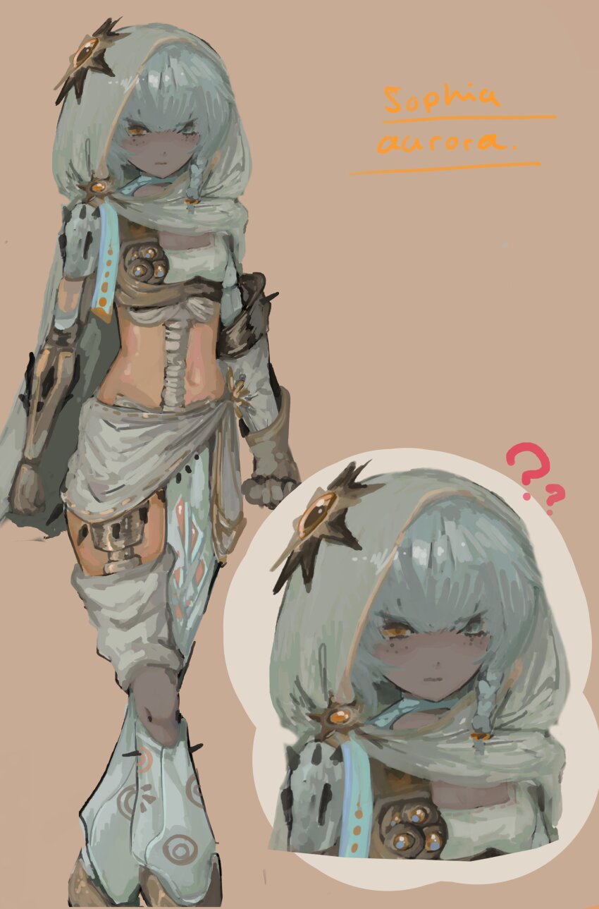 1girl ? ?? absurdres alternate_costume asymmetrical_legwear braid brown_background brown_gloves cape character_name freckles gloves grey_cape grey_eyes grey_hood heterochromia highres mechabare mechanical_arms mismatched_legwear orange_eyes punishing:_gray_raven side_braid single_mechanical_arm solo sophia_(pgr) stazrzii