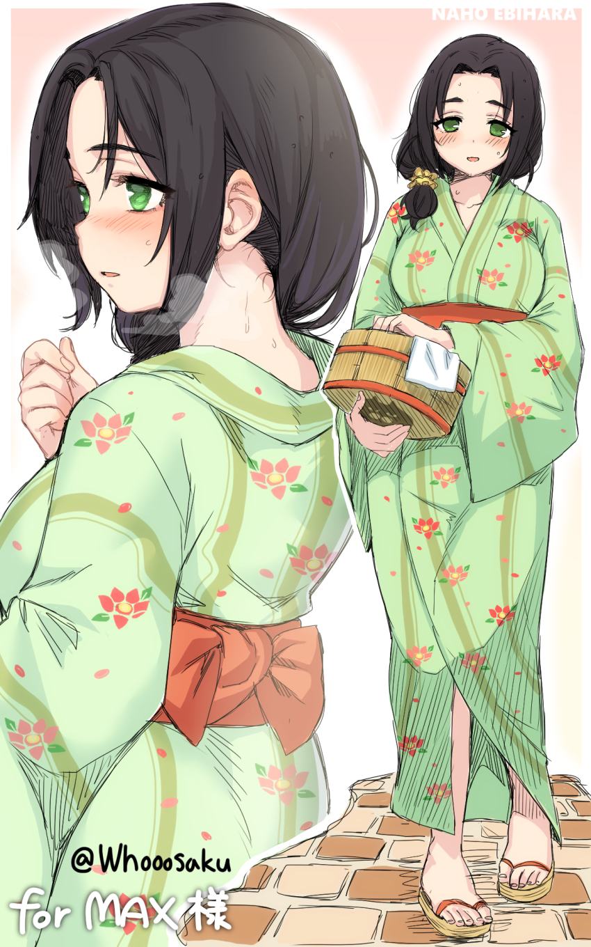 1girl alternate_hairstyle black_hair blush breasts character_name collarbone ebihara_naho floral_print floral_print_kimono full_body green_eyes green_kimono hair_ornament hair_scrunchie heavy_breathing highres holding hot idolmaster idolmaster_cinderella_girls idolmaster_cinderella_girls_starlight_stage japanese_clothes kimono large_breasts long_hair long_sleeves looking_at_viewer multiple_views obi open_mouth print_kimono sandals sash scrunchie smile standing sweat thick_eyebrows toenails towel twitter_username washbowl whoosaku wide_sleeves yellow_scrunchie zouri