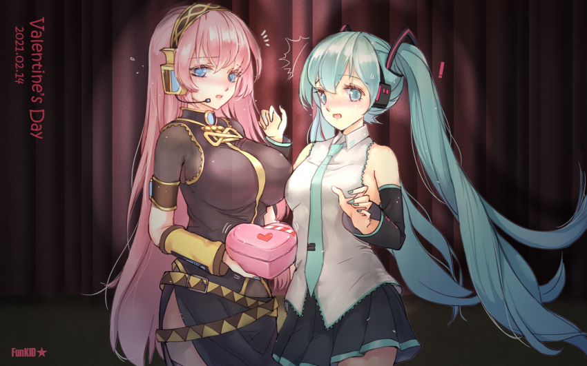 ! 2girls aqua_eyes aqua_hair aqua_nails arm_warmers belt blue_eyes blue_nails blush box box_of_chocolates breasts brooch curtains female_focus funkid giving hatsune_miku headphones heart highres jewelry megurine_luka microphone multiple_girls necktie nervous shirt skirt sleeveless sleeveless_shirt surprised tight_clothes tight_shirt valentine vocaloid yuri