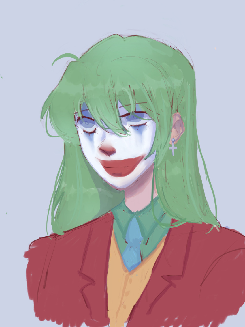 artist_request batman_(series) blue_necktie closed_mouth cosplay cross cross_earrings dc_comics earrings green_hair green_shirt highres jacket jewelry joker_(2019) joker_(dc)_(cosplay) long_hair makeup necktie original red_jacket shirt simple_background solo the_joker vest yellow_vest