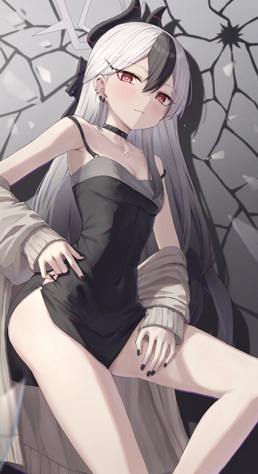 1girl absurdres bare_legs bare_shoulders black_choker black_dress black_hair black_horns black_nails blue_archive blush breasts brown_cardigan cardigan choker collarbone commentary demon_horns demon_wings dress ear_piercing earrings feet_out_of_frame gradient_hair grey_halo hair_between_eyes hair_ornament hairclip halo hand_on_own_hip hand_on_own_thigh highres hoop_earrings horns huran_tea jewelry kayoko_(blue_archive) kayoko_(dress)_(blue_archive) long_hair looking_at_viewer low_wings mole mole_on_neck multicolored_hair nail_polish open_cardigan open_clothes piercing red_eyes single_wing sleeveless sleeveless_dress small_breasts smile solo two-tone_hair very_long_hair white_hair wings