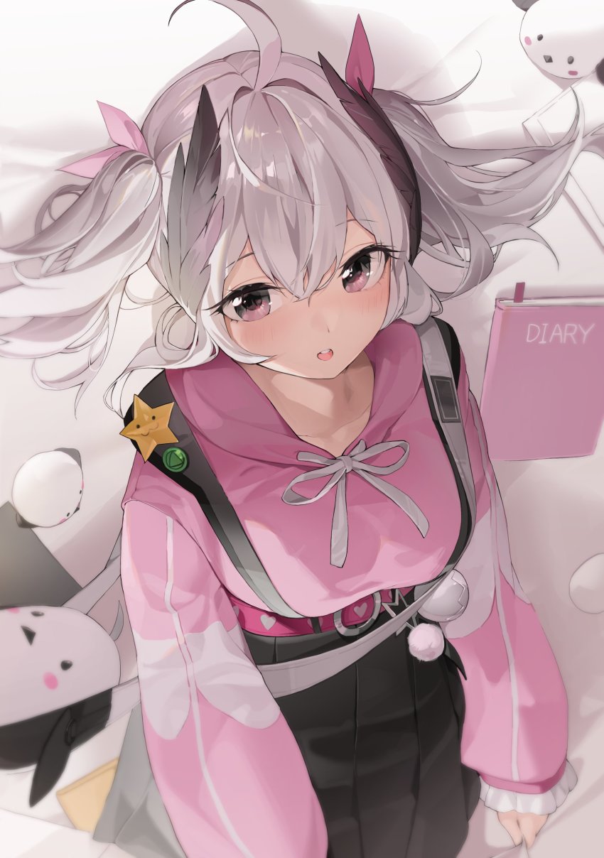 1girl absurdres ahoge black_skirt breasts choyeon collarbone commentary diary feather_hair_ornament feathers frilled_skirt frilled_sleeves frills grey_hair hair_between_eyes hair_ornament hair_ribbon heart highres hood hood_down hoodie long_sleeves multicolored_hair open_mouth pink_eyes pink_hoodie pink_ribbon piyo_(vrecord) ribbon skirt solo star_(symbol) stuffed_toy teeth twintails two-tone_hair upper_teeth_only virtual_youtuber vrecord