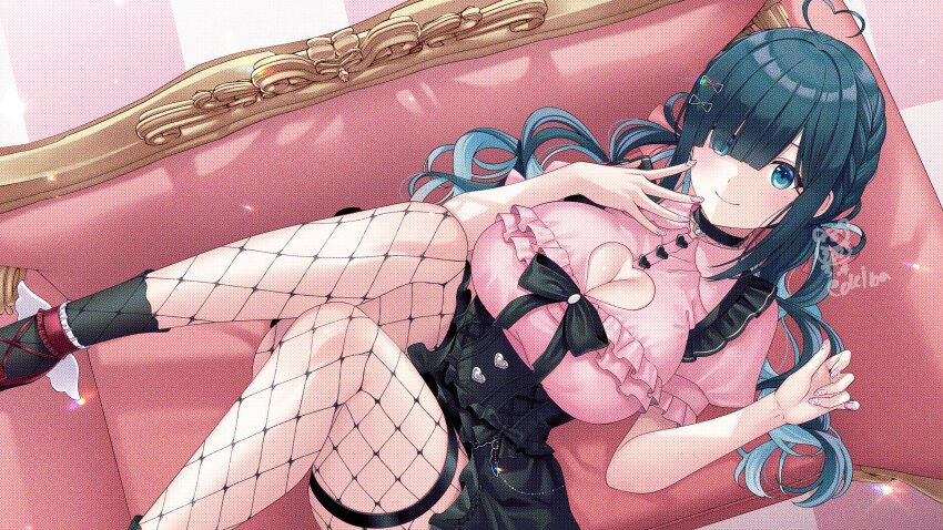 1girl ahoge amano_nene_(vtuber) black_bow black_hair bow breasts cleavage cleavage_cutout closed_mouth clothing_cutout commentary_request commission couch e_(eokiba) fishnet_thighhighs fishnets green_eyes green_hair heart heart_ahoge highres knees_up large_breasts long_hair looking_at_viewer lying on_back on_couch pink_nails pink_shirt production_kawaii red_shoes shirt shoes short_sleeves sidelocks skeb_commission smile solo thighhighs virtual_youtuber