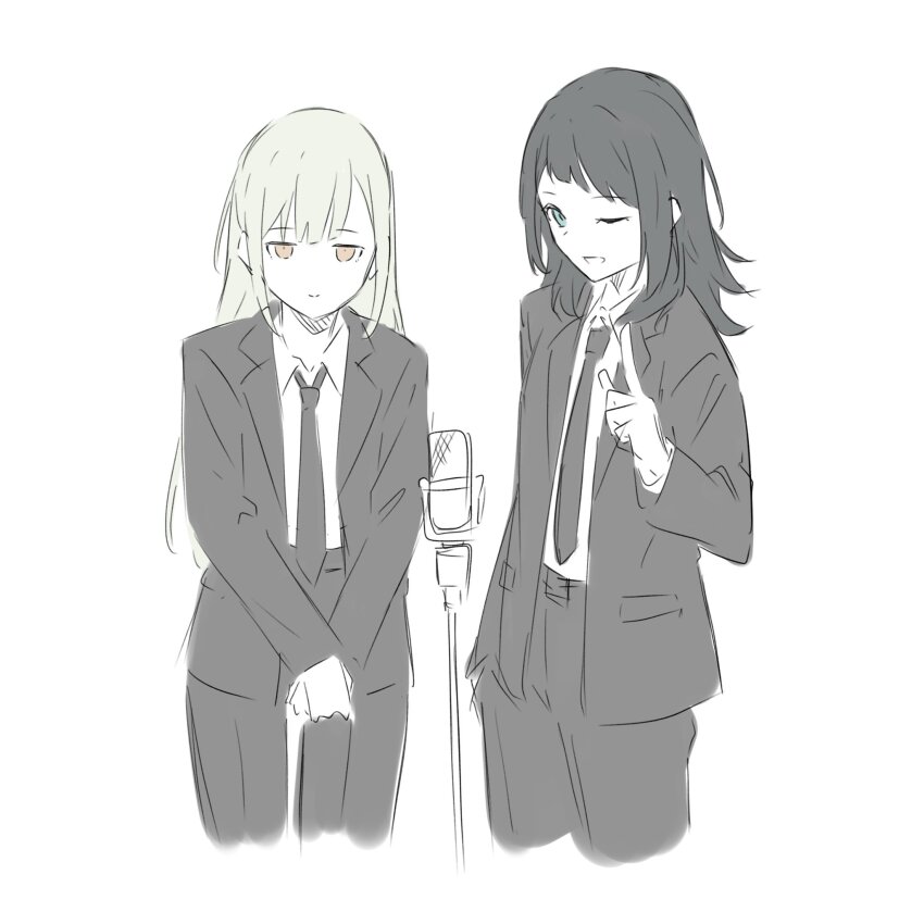 2girls bang_dream! bang_dream!_it&#039;s_mygo!!!!! black_hair black_jacket black_necktie black_pants blue_eyes collared_shirt gloves green_hair highres jacket kanade_(kanade_3344) long_hair medium_hair microphone multiple_girls necktie one_eye_closed open_clothes open_jacket open_mouth pants shirt simple_background wakaba_mutsumi white_background white_gloves white_shirt yahata_umiri yellow_eyes