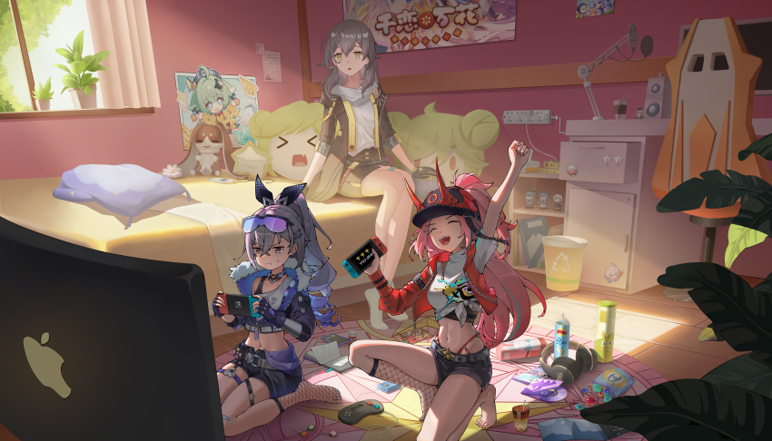 3girls absurdres apple_inc. bandaid bandaid_on_knee bandaid_on_leg barefoot black_gloves black_jacket black_shorts book breasts candy cd chair character_doll closed_eyes closed_mouth cropped_jacket drill_hair electrical_outlet figure fishnet_socks fishnets food frown gaming_chair gloves grey_hair hair_ornament hairclip headphones heiyan97 helmet highres honkai:_star_rail honkai_(series) huohuo_(honkai:_star_rail) jacket kneeling large_breasts lollipop long_hair looking_at_another looking_at_object microphone_stand monitor multiple_girls navel nintendo_switch open_mouth pillow pink_hair plant pom-pom_(honkai:_star_rail) poster_(object) potted_plant raised_fist rappa_(honkai:_star_rail) shirt short_shorts shorts silver_wolf_(honkai:_star_rail) sitting small_breasts smile socks speaker stelle_(honkai:_star_rail) sticker stomach sweatdrop swivel_chair teeth tiptoes toes trailblazer_(honkai:_star_rail) trash_can triangle_mouth upper_teeth_only white_shirt window_shadow yellow_eyes