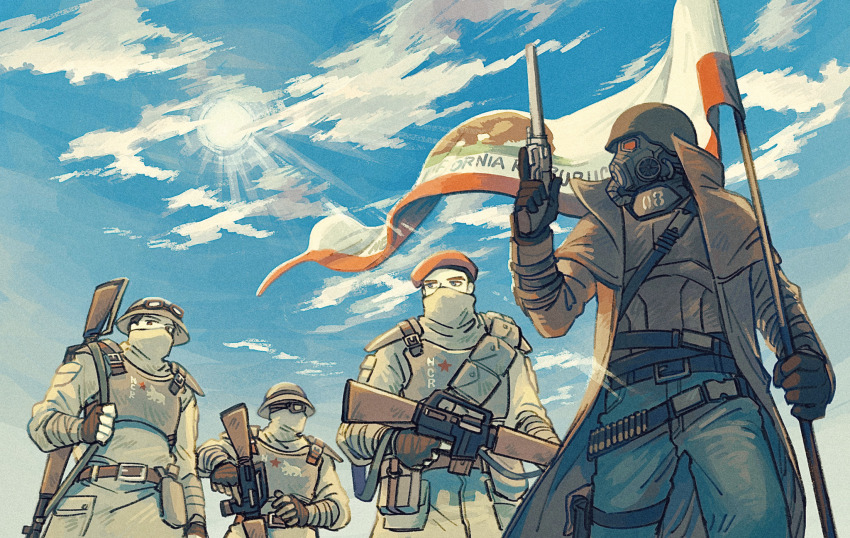 ar-15 assault_rifle bandana bear beret blue_sky body_armor bullet bulletproof_vest denim duster fallout:_new_vegas fallout flag gas_mask gloves goggles goggles_on_headwear gun handgun hat helmet highres holster jeans mask ncr_trooper ncr_veteran_ranger new_california_republic pants pouch revolver rifle sayodoko sky sun thigh_holster trigger_discipline weapon