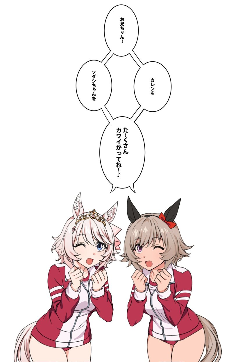 2girls animal_ears black_hairband blue_eyes bow buruma clenched_hands commentary commentary_request cowboy_shot curren_chan_(umamusume) ear_bow ear_covers fukuro_(maruaru00) hairband highres horse_ears horse_girl horse_tail jacket leaning_forward light_brown_hair long_sleeves multiple_girls one_eye_closed original personification pink_hair purple_eyes red_bow red_buruma red_jacket shared_speech_bubble short_hair simple_background sodashi_(racehorse) speech_bubble tail tiara track_jacket translation_request umamusume white_background