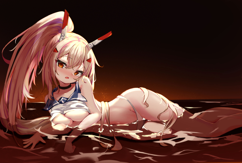 1girl :o arm_support ayanami_(azur_lane) azur_lane blush breasts choker cleavage collarbone commentary_request dress groin hair_between_eyes hair_ornament hairclip head_tilt highres horizon in_water juiceneko long_hair looking_at_viewer lying medium_breasts navel night night_sky ocean on_side orange_eyes ponytail sidelocks silver_hair sky solo stomach underboob white_dress