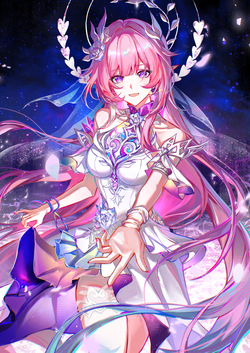 1girl absurdres bare_shoulders breasts cyrene_(honkai:_star_rail) cyrene_(ripples_of_past_reverie)_(honkai:_star_rail) diamond-shaped_pupils diamond_(shape) dress floating_hair flower hair_flower hair_ornament highres honkai:_star_rail honkai_(series) long_hair offering_hand pink_hair pointy_ears purple_eyes qiaose33912 smile solo symbol-shaped_pupils very_long_hair white_dress