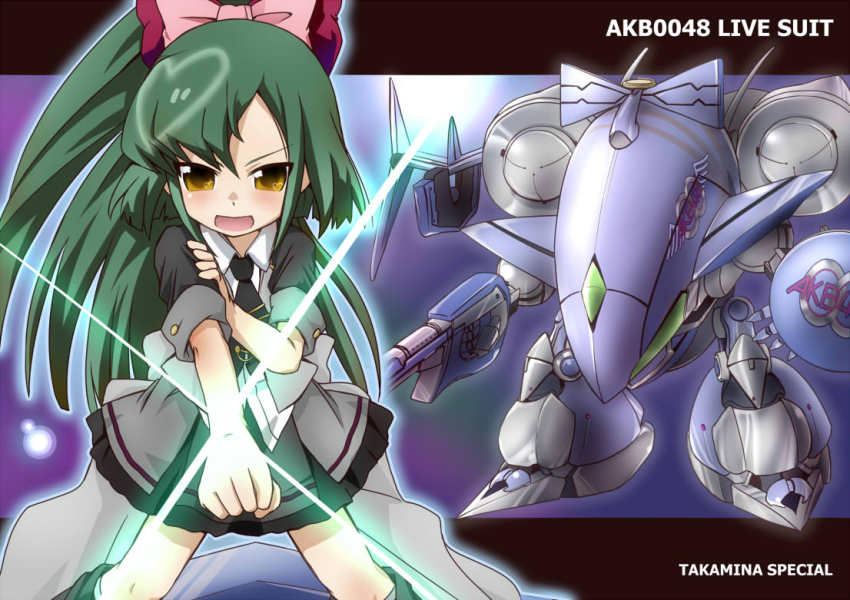 10s 1girl akb0048 blush brown_eyes female_focus green_hair mecha necktie ponytail ribbon robot solo takahashi_minami_(akb0048) totoka