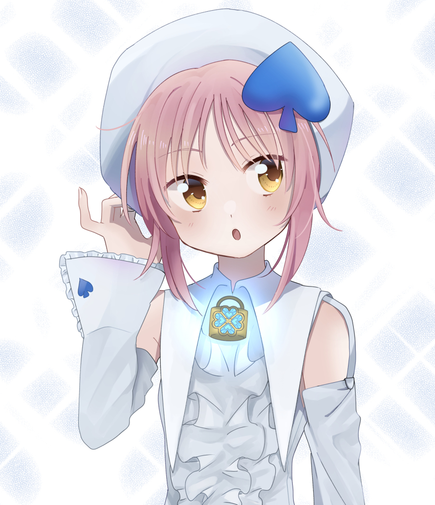 1girl amulet_spade blue_headwear blue_shirt blush detached_sleeves facing_viewer hair_ornament highres hinamori_amu humpty_lock_(shugo_chara!) blue_background long_sleeves looking_to_the_side multicolored_background open_mouth orange_eyes pink_hair shirt short_hair shugo_chara! solo spade_hair_ornament suteneko_gohan white_background