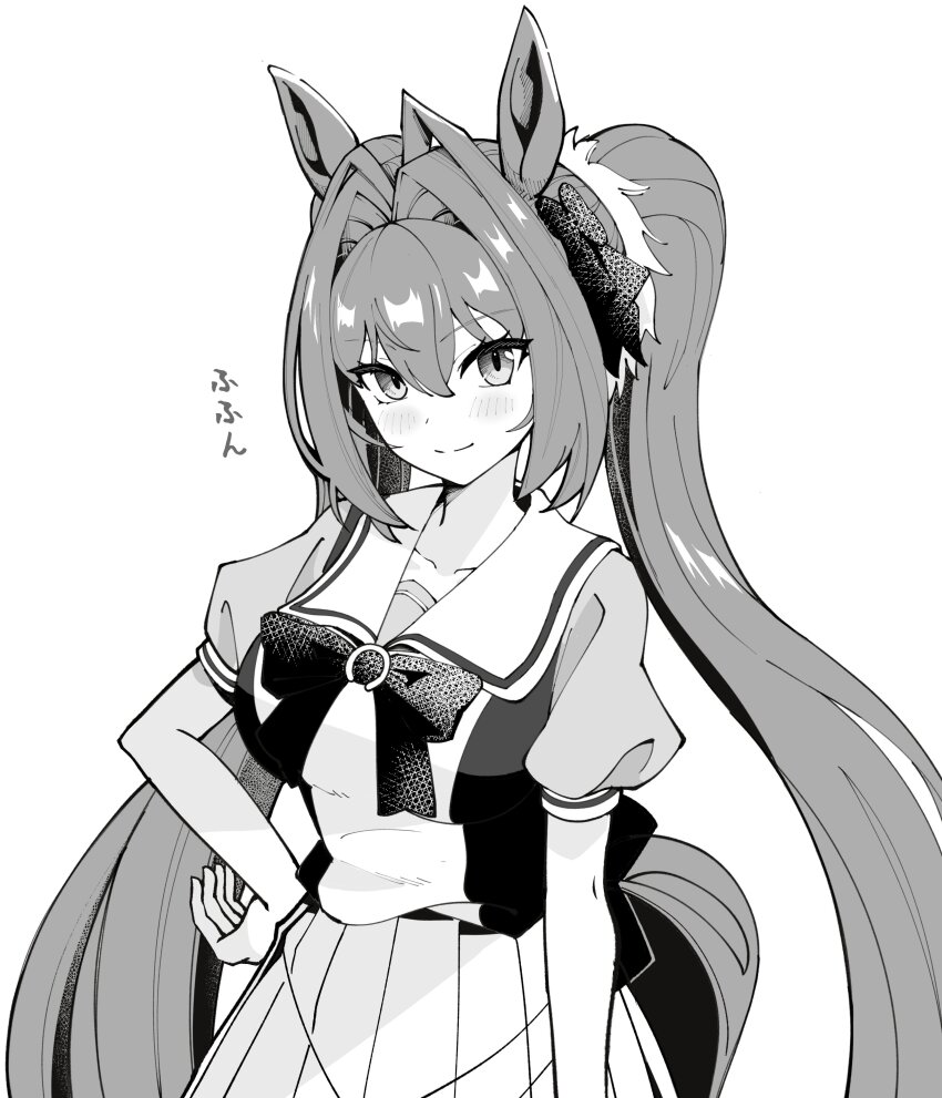 1girl absurdres animal_ears blush bow bowtie breasts daiwa_scarlet_(umamusume) greyscale grin hair_between_eyes hair_bow hair_intakes highres horse_ears horse_girl horse_tail large_breasts long_hair looking_at_viewer monochrome oxymoron_0213 pleated_skirt puffy_short_sleeves puffy_sleeves school_uniform serafuku short_sleeves simple_background skirt smile solo tail tracen_school_uniform twintails umamusume very_long_hair white_background white_skirt