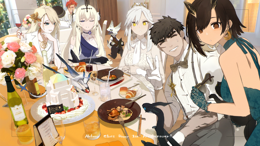 2boys 4girls ^_^ alchemy_stars alternate_costume anniversary backless_dress backless_outfit bare_shoulders bethlehem_(alchemy_stars) black_hair blonde_hair blue_dress blue_eyes bow bowtie bread brown_eyes cake carleen_(alchemy_stars) cat champagne_bottle champagne_flute chopsticks closed_eyes collared_shirt colored_inner_hair creature cup dragon dress drinking_glass drinking_straw earrings unworn_eyewear facing_viewer flower food food_on_face fork fruit gloves green_eyes green_gloves grey_pants hair_flower hair_ornament highres holding holding_cup holding_removed_eyewear horns indoors jacket jewelry knife lace lace_gloves long_hair looking_at_viewer menu multicolored_hair multiple_boys multiple_girls necklace one_eye_closed own_hands_together pants photo_background pittman_(alchemy_stars) plate ponytail red_hair sariel_(alchemy_stars) scar scar_on_arm scar_on_face shirt short_hair siirakannu sinsa_(alchemy_stars) sitting sleeveless sleeveless_dress strapless strapless_dress strawberry sunglasses suspenders sweatdrop table teeth tourdog_(character) v very_short_hair victoria_(alchemy_stars) viewfinder white_dress white_gloves white_hair white_jacket white_shirt
