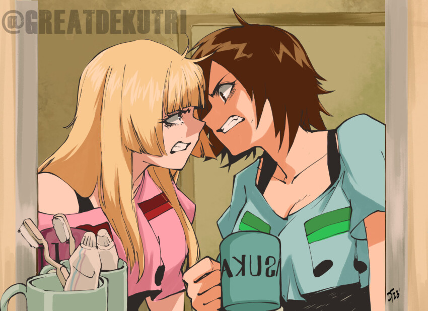 2girls angry blonde_hair blunt_bangs brown_hair character_name clenched_teeth cup emilie_de_rochefort from_side greatdekutri hime_cut holding holding_cup indoors kazama_asuka long_hair looking_at_another messy_hair mirror morning multiple_girls musical_note musical_note_print rivalry short_hair single_bare_shoulder teeth tekken toothbrush toothpaste twitter_username