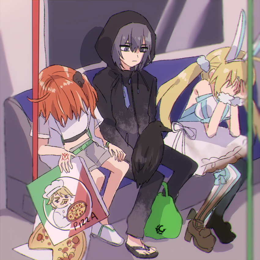 1boy 2girls ahoge animal animal_ear_hairband animal_ears animal_on_lap artoria_caster_(fate) artoria_caster_(swimsuit_berserker)_(fate) artoria_caster_(swimsuit_berserker)_(second_ascension)_(fate) artoria_pendragon_(fate) bare_shoulders belt bird bird_on_lap black_eyes black_hair black_hoodie black_pants black_sandals black_scrunchie blonde_hair blue_dress blue_thighhighs chromatic_aberration closed_mouth command_spell covering_face crow double_facepalm drawstring dress elbows_on_knees face_in_hands facepalm fake_animal_ears fate/grand_order fate_(series) food fresh_pizza_girl_meets_raven_girl_(meme) frown fujimaru_ritsuka_(female) fujimaru_ritsuka_(female)_(summer_street) goredolf_musik green_bag green_belt grey_jacket grey_shorts hair_between_eyes hair_ornament hair_scrunchie hairband hood hood_up hoodie jacket long_hair long_sleeves meme mizumi_(mizmi) multiple_girls oberon_(fate) oberon_(moody_summer_oberon)_(fate) oberon_(third_ascension)_(fate) on_lap one_side_up open_clothes open_jacket orange_hair pants pizza pizza_box puffy_short_sleeves puffy_sleeves rabbit_ears sandals scrunchie short_hair short_sleeves shorts sitting striped_clothes striped_thighhighs subway thighhighs train_interior twintails two-tone_dress two-tone_thighhighs vertical-striped_clothes vertical-striped_thighhighs white_dress yakudo_trio