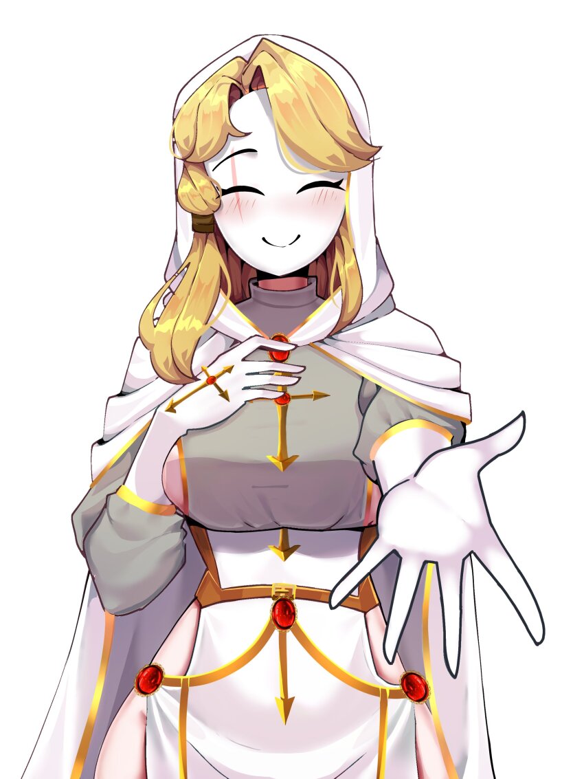1girl 2023 absurdres blonde_hair borrowed_character breasts cape choker clenched_hands closed_eyes clothing_cutout commentary commission corset cross dress english_commentary esprungtinkle female_focus foreshortening gem gloves grey_shirt hand_on_own_chest happy highres hood hood_up large_breasts light_blush locket_white_(bakalorin) long_sleeves low-tied_sidelocks mario_(series) nintendo open_hand open_mouth original outstretched_arm puffy_long_sleeves puffy_sleeves reaching reaching_towards_viewer red_gemstone scar scar_across_eye scar_on_face shirt shy_gal side_cutout side_slit sidelocks simple_background smile solo standing thighs upper_body white_dress white_gloves white_mask