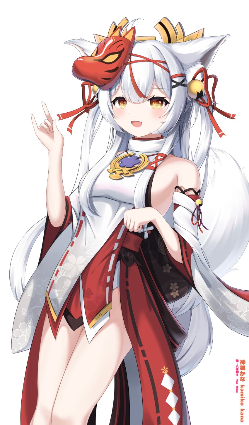 1girl :d absurdres animal_ear_fluff animal_ears bare_shoulders bell breasts commentary cosplay detached_sleeves dress floral_print fox_ears fox_girl fox_mask fox_shadow_puppet fox_tail genshin_impact hair_bell hair_ornament hair_ribbon highres indie_virtual_youtuber japanese_clothes kagura_lilia kamiko_kana looking_at_viewer mask mask_on_head nontraditional_miko open_mouth ribbon sideboob small_breasts smile solo tail thighs virtual_youtuber white_background white_dress white_hair wide_sleeves yae_miko yae_miko_(cosplay) yellow_eyes