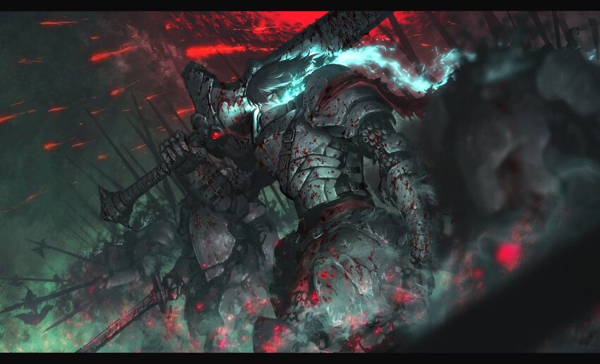 6+others armor belt black_hair blood blood_on_clothes blurry blurry_foreground commission dated_commentary dutch_angle fantasy feet_out_of_frame full_armor glowing glowing_hair halberd hetza_(hellshock) highres holding holding_sword holding_weapon multiple_others original outdoors polearm skeb_commission sky solo_focus sword weapon