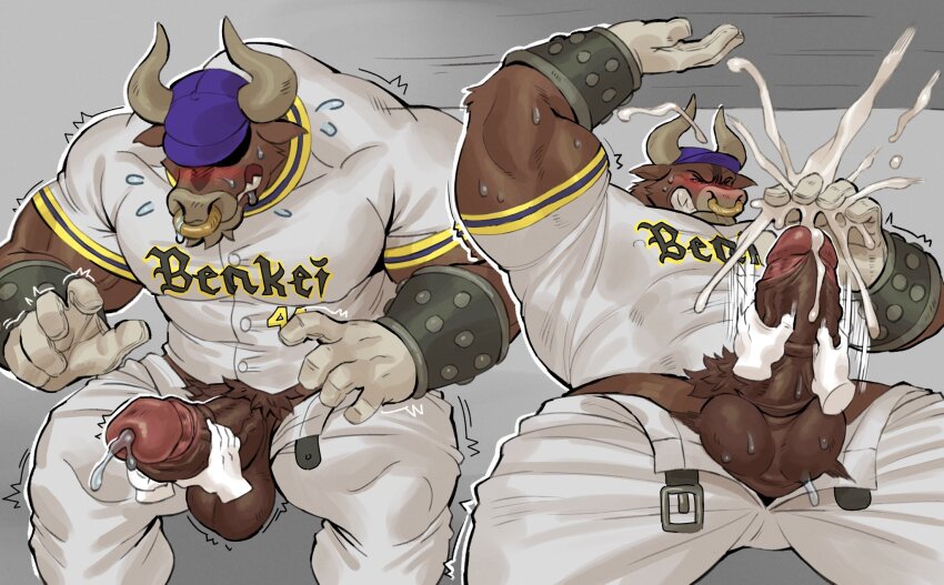 1boy adiosarts bara baseball_cap baseball_uniform belt blush closed_eyes commentary cow_boy cum disembodied_hand ejaculation english_commentary face_piercing furry furry_male girthy_penis gloves handjob hat highres horns male_focus musashibou_benkei_(yaiba) muscular muscular_arms muscular_male nose_piercing nose_ring open_belt open_fly penis penis_out piercing precum solo_focus sportswear testicles two-handed_handjob yaiba