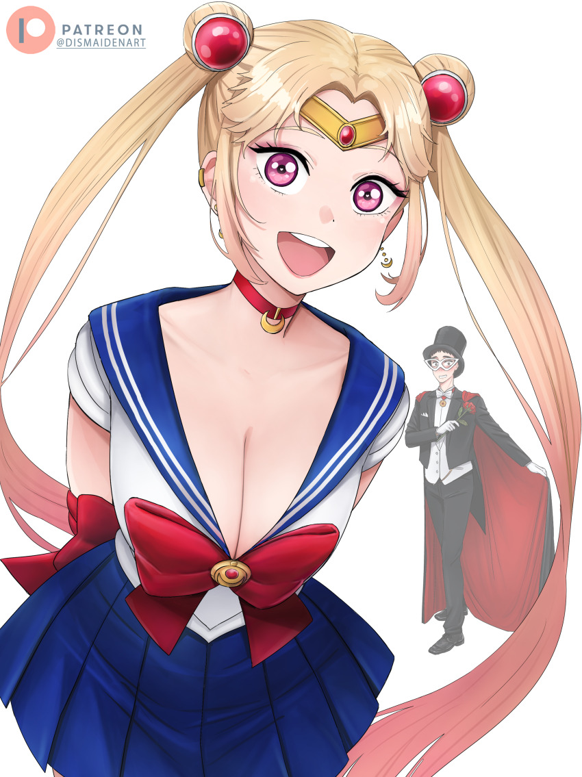 1boy 1girl :d absurdres bishoujo_senshi_sailor_moon black_cape black_jacket black_pants blonde_hair blue_sailor_collar blue_skirt breasts cape choker cleavage commentary cosplay crescent crescent_earrings dismaiden double_bun earrings english_commentary eye_mask flower formal_clothes gojou_wakana gradient_hair hair_bun hat highres holding holding_flower jacket jewelry kitagawa_marin large_breasts magical_girl multicolored_hair open_mouth pant_suit pants patreon_logo pink_hair red_choker red_flower red_ribbon red_rose ribbon rose sailor_collar sailor_moon sailor_moon_(cosplay) sailor_senshi_uniform simple_background skirt smile sono_bisque_doll_wa_koi_wo_suru suit suit_jacket teeth top_hat tuxedo_kamen tuxedo_kamen_(cosplay) twintails twitter_username two-sided_cape two-sided_fabric upper_teeth_only white_background