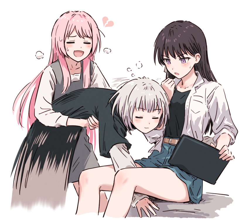 3girls bang_dream! bang_dream!_it&#039;s_mygo!!!!! black_hair black_shirt blue_skirt blush broken_heart bullfalk chihaya_anon closed_eyes closed_mouth commentary_request dress earrings grey_dress heart highres jacket jewelry kaname_raana layered_sleeves long_hair long_sleeves multiple_girls open_mouth pinafore_dress pink_hair purple_eyes raana_the_cat shiina_taki shirt short_hair short_over_long_sleeves short_sleeves single_earring single_tear skirt sleepy sleeveless sleeveless_dress white_background white_hair white_jacket white_shirt