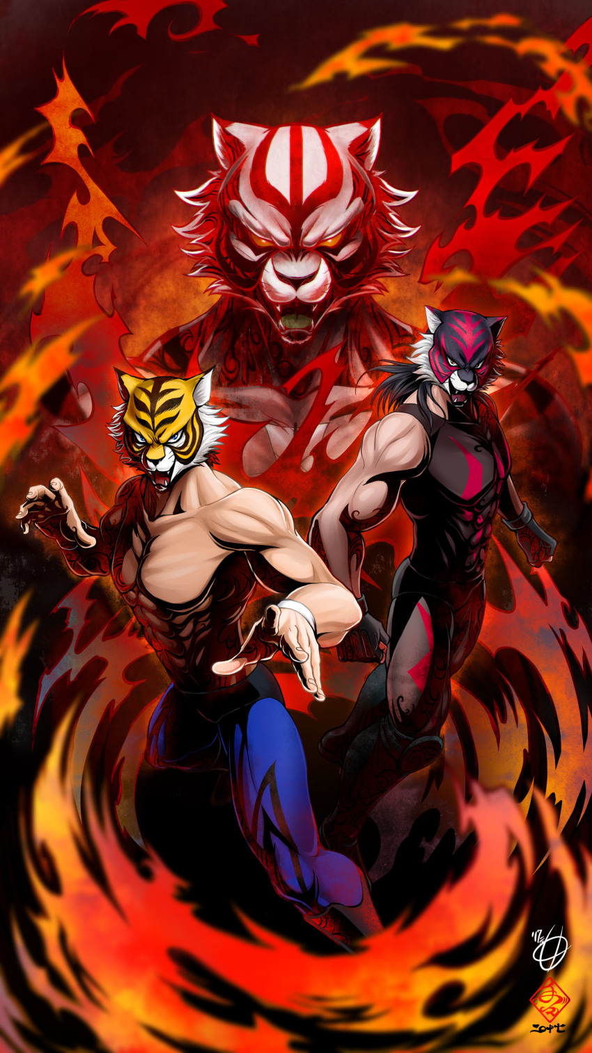 10s 3boys abs absurdres bad_id bad_pixiv_id black_hair blue_eyes fingerless_gloves fujii_takuma gloves highres kanchiyo long_hair male_focus mask multiple_boys muscular naoto_azuma red_eyes tiger_mask tiger_mask_(series) tiger_mask_w tiger_the_dark tiger_the_great_the_third