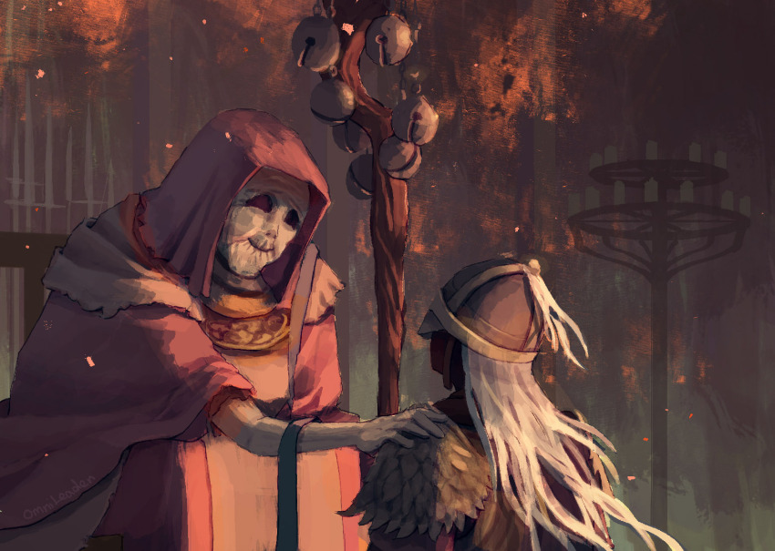 1boy 1girl armor bell bloody_wolf_(elden_ring) candle candlestand commentary elden_ring english_commentary finger_reader_enia full_armor hand_on_another&#039;s_shoulder helm helmet holding holding_staff hollow_eyes hood jingle_bell light_smile long_hair old old_woman omnileaden ornate_armor ornate_clothes plume rags red_headdress shoulder_armor sitting smile staff tarnished_(elden_ring) white_hair