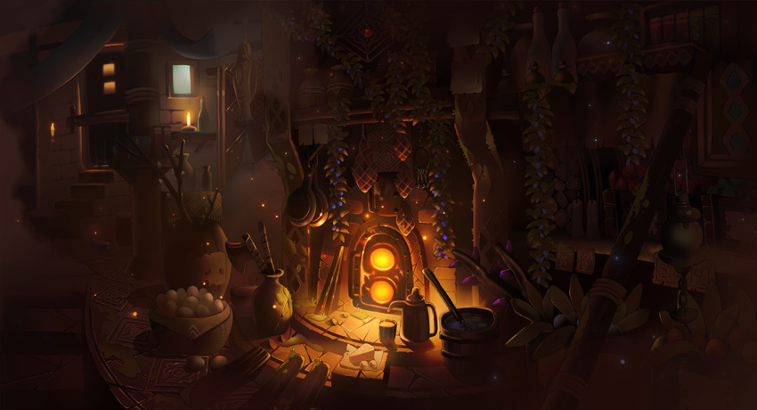 apokarihardcore axe basket broom cup door fantasy furnace indoors no_humans original plant scenery stairs vase