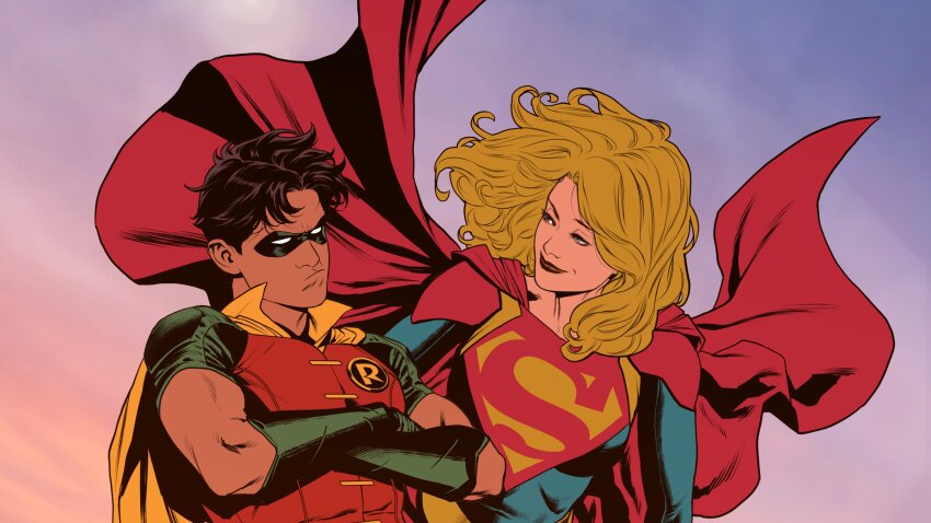 1boy 1girl absurdres batman_(series) black_hair blonde_hair cape dc_comics dick_grayson eye_mask flying gloves highres kara_danvers long_hair lucas_meyer robin_(dc) supergirl superhero_costume superman_(series) superman_logo