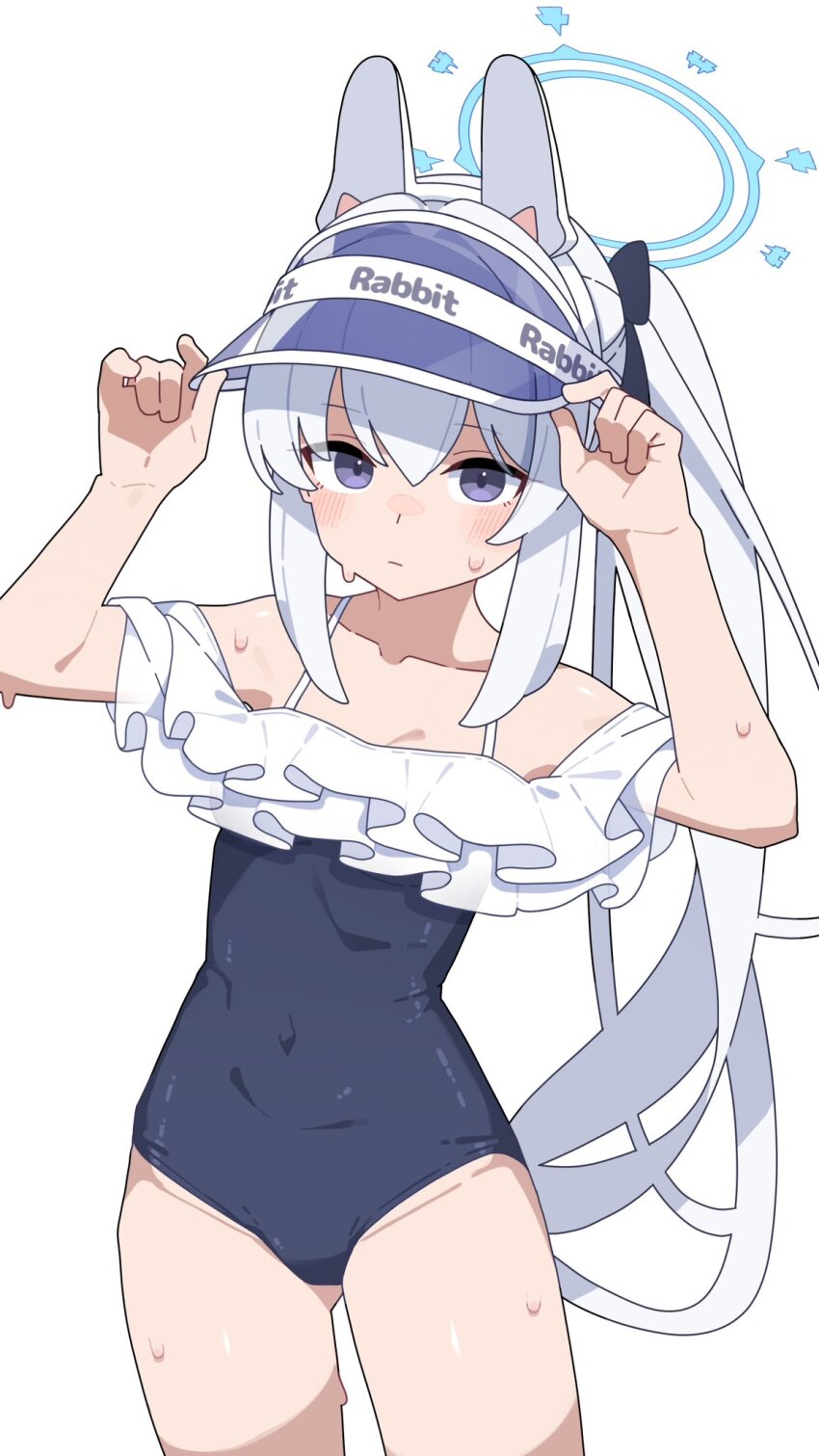 adjusting_clothes adjusting_headwear bare_shoulders blue_archive blue_halo blue_one-piece_swimsuit covered_navel grey_hair hair_between_eyes halo highres long_hair mikokomiyazawa miyako_(blue_archive) miyako_(swimsuit)_(blue_archive) one-piece_swimsuit ponytail purple_eyes simple_background swimsuit thighs white_background