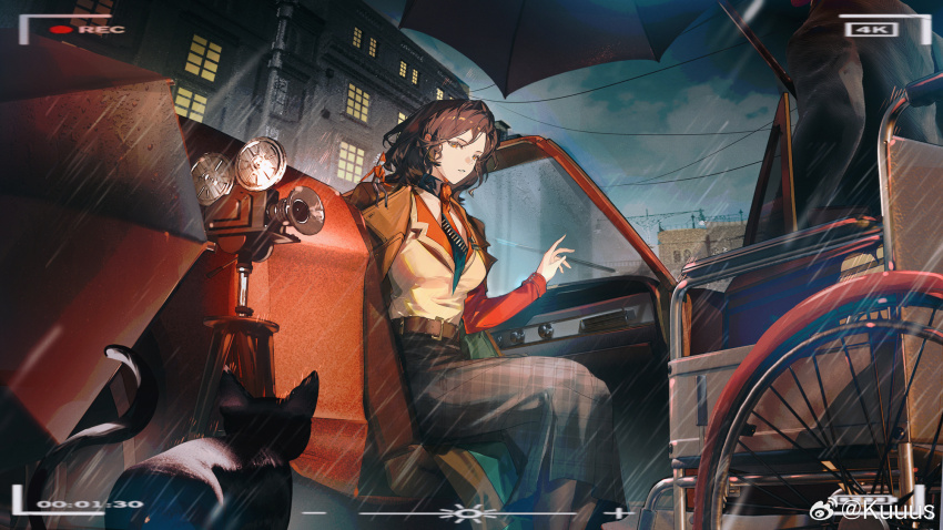 1girl 1other battery_indicator belt black_cat black_hair black_pantyhose black_umbrella brown_belt brown_coat brown_vest building car cat coat coat_on_shoulders convertible feet_out_of_frame grey_skirt highres kuuus long_skirt looking_at_viewer medium_hair motor_vehicle movie_camera neckerchief noire_(reverse:1999) outdoors overcast pantyhose parted_lips plaid_clothes plaid_skirt puppet rain recording red_neckerchief red_shirt reverse:1999 shirt sitting skirt sky solo_focus umbrella vest viewfinder watermark weibo_watermark wheelchair yellow_eyes