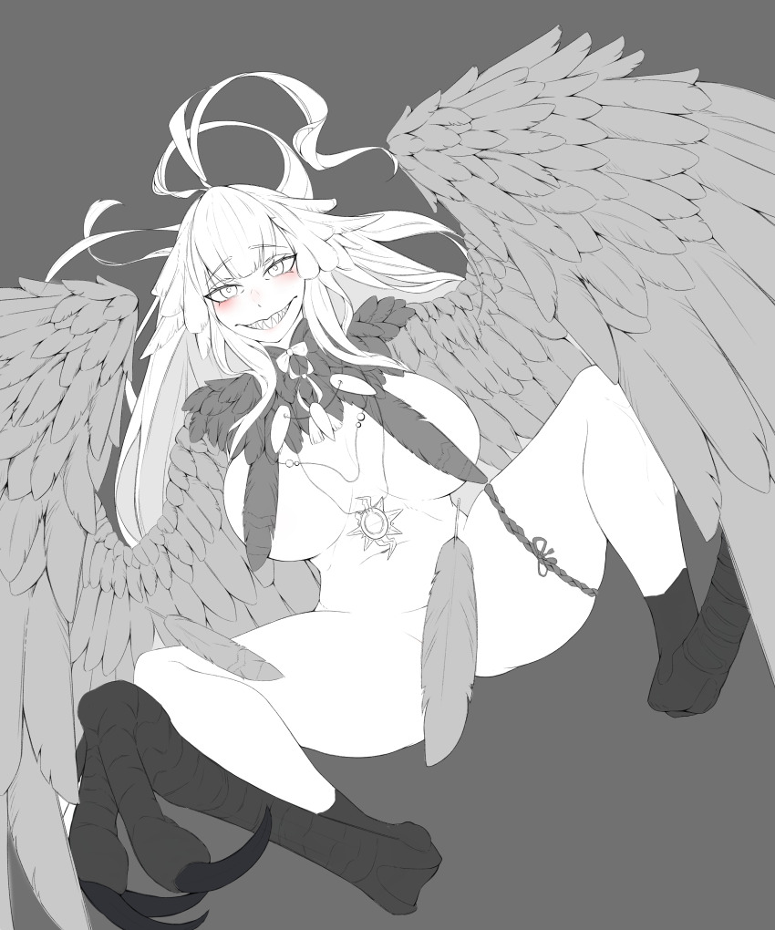 absurdres ahoge banhmixiumai bird_legs blush breasts commentary fate/grand_order fate_(series) feather_censor feathered_wings greyscale grin harpy highres jewelry large_breasts long_hair louhi_(fate) louhi_(third_ascension)_(fate) monochrome monster_girl navel necklace nude sharp_teeth sidelocks smile talons teeth tooth_necklace very_long_hair winged_arms wings