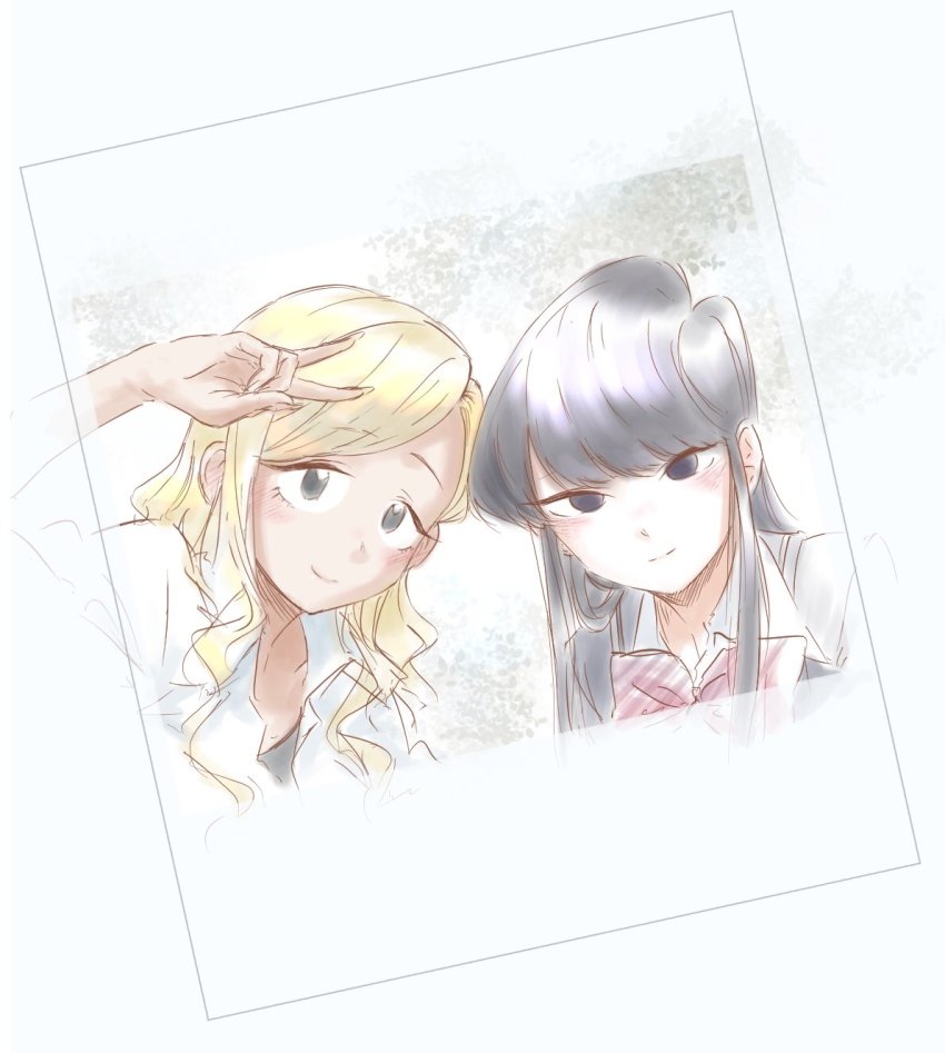 2girls black_eyes black_hair blonde_hair dark-skinned_female dark_skin highres komi-san_wa_komyushou_desu komi_shouko long_hair looking_at_viewer manbagi_rumiko mitsugu multiple_girls photo_(medium) school_uniform smile source_request v white_background