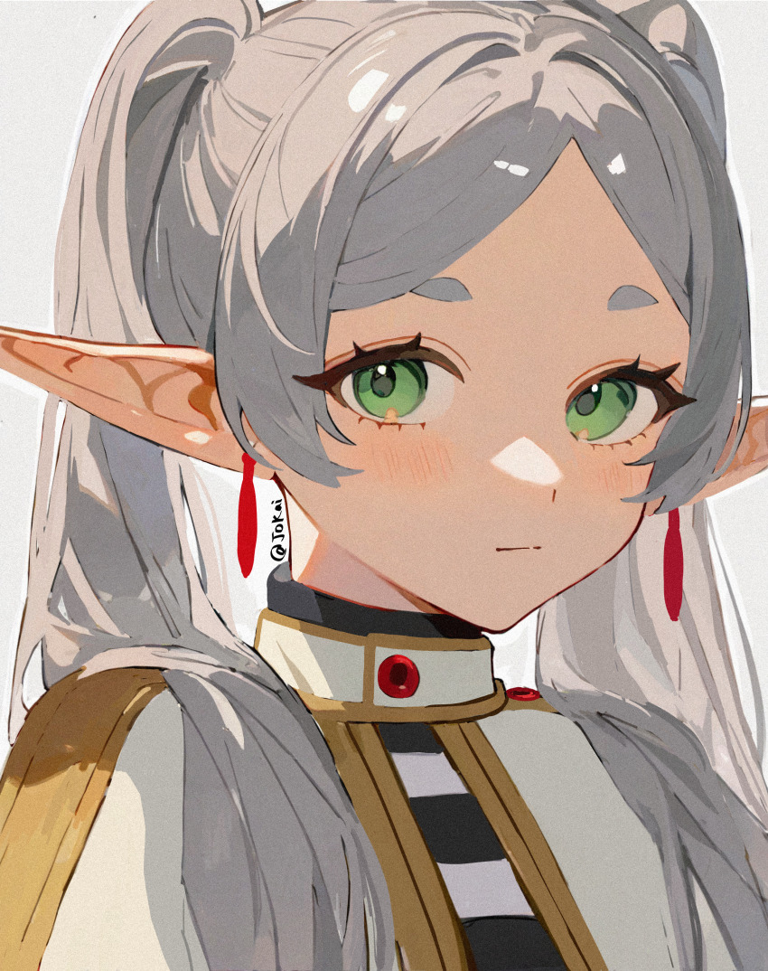 1girl absurdres black_collar blush closed_mouth collar earrings elf frieren gold_trim green_eyes highres jewelry joadv long_hair looking_at_viewer pointy_ears shirt simple_background solo sousou_no_frieren striped_clothes striped_shirt twintails upper_body white_background white_hair