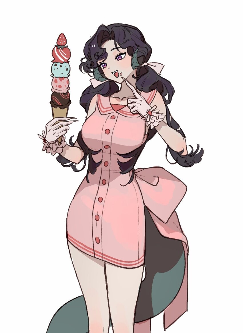 1girl :d alternate_costume anjo_nala black_hair breasts cowboy_shot curled_horns dress finger_to_mouth food food_on_face frilled_gloves frills fruit gloves green_tail grey_horns hands_up highres holding holding_food holding_ice_cream horns ice_cream index_finger_raised large_breasts lizard_tail long_hair looking_at_food low_horns low_twintails multiple_scoops open_mouth pencil_dress pink_dress pink_gloves purple_eyes reverse:1999 short_dress sleeveless sleeveless_dress smile solo strawberry szztzzs tail twintails