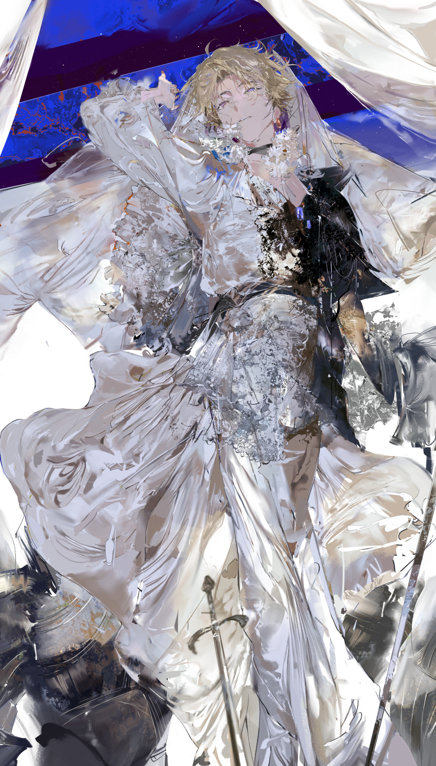 1boy absurdres arm_up asymmetrical_sleeves belt black_belt black_choker blonde_hair chinese_commentary choker commentary_request curtained_hair dress ensemble_stars! eyelashes feet_out_of_frame flower highres light_particles male_focus narukami_arashi necessarytothink parted_bangs procreate_(medium) purple_eyes short_hair solo sword veil weapon white_dress white_flower