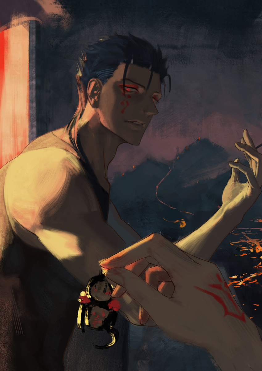 absurdres biceps blue_hair cigarette command_spell cu_chulainn_(fate) cu_chulainn_alter_(fate) expressionless facepaint fate/grand_order fate_(series) glowing glowing_eyes highres holding holding_cigarette long_hair male_focus mini_cu-chan_(fate) muscular muscular_male red_eyes shanguisantai spiked_hair tank_top
