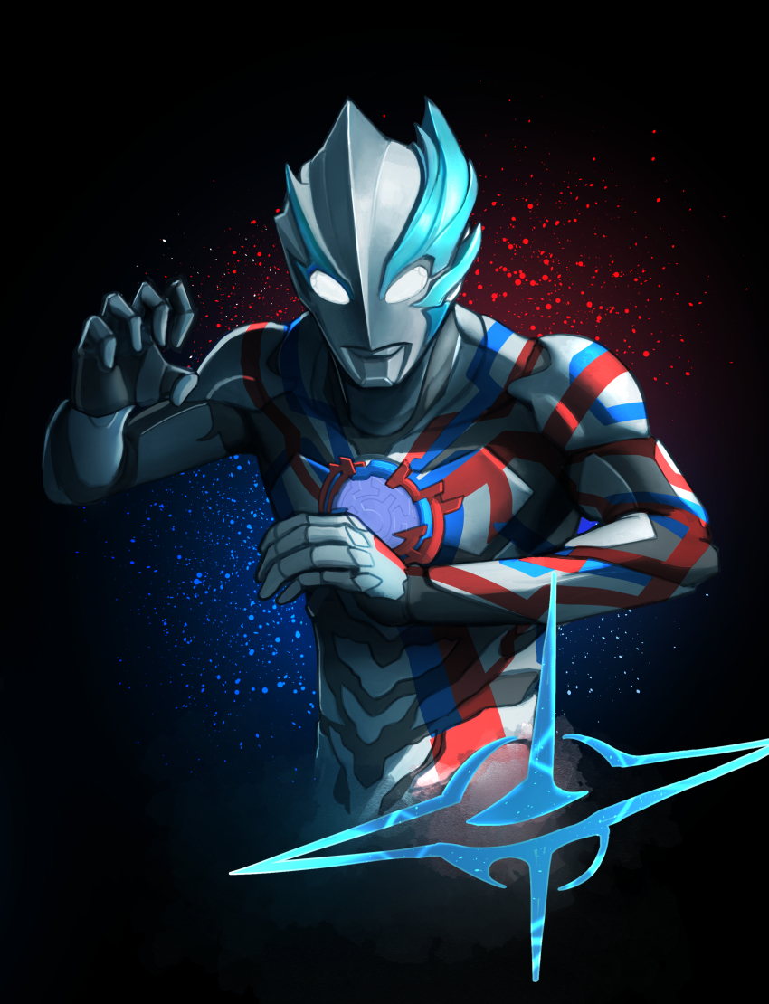 1boy absurdres alien arm_up armor asymmetrical_arms asymmetrical_horns black_background blue_horns blue_skin claw_pose color_timer colored_skin commentary compound_eyes cropped_torso crystal dorsal_fin four-pointed_star glowing glowing_eyes grey_skin highres horns light_particles looking_down male_focus multicolored_skin muscular muscular_male red_skin shoulder_armor shoulder_pads silver_skin solo star_(symbol) tokusatsu ultra_series ultraman_blazar ultraman_blazar_(series) white_eyes ylong